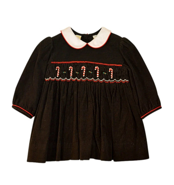 Black Hand Smocked Holiday Dress - Christmas Candy Cane