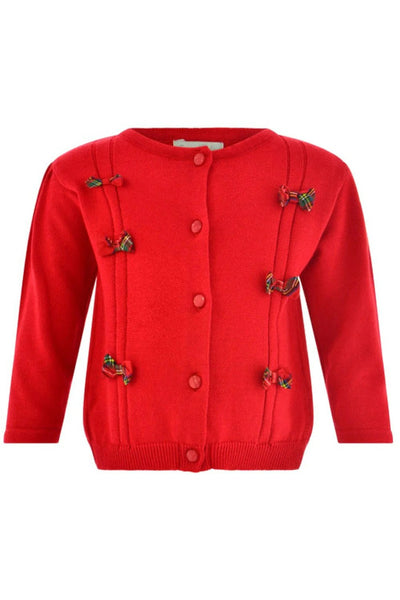 Red Knitted Sweater with Plaid Bows