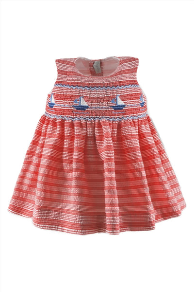 Smocked Sailboats Seersucker Baby Girl Dress