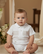 Boy Christening & Baptism Short Set – Hand Smocked Design Satin Buttons