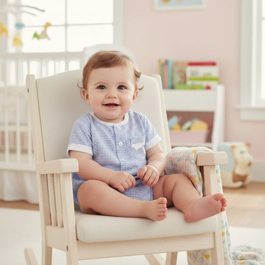 Carriage Boutique baby boy blue gingham cotton bubble romper with hand-embroidered train on pocket.