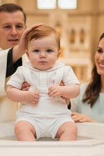 Carriage Boutique baby boy white linen cotton christening short set with suspenders and hand embroidered details